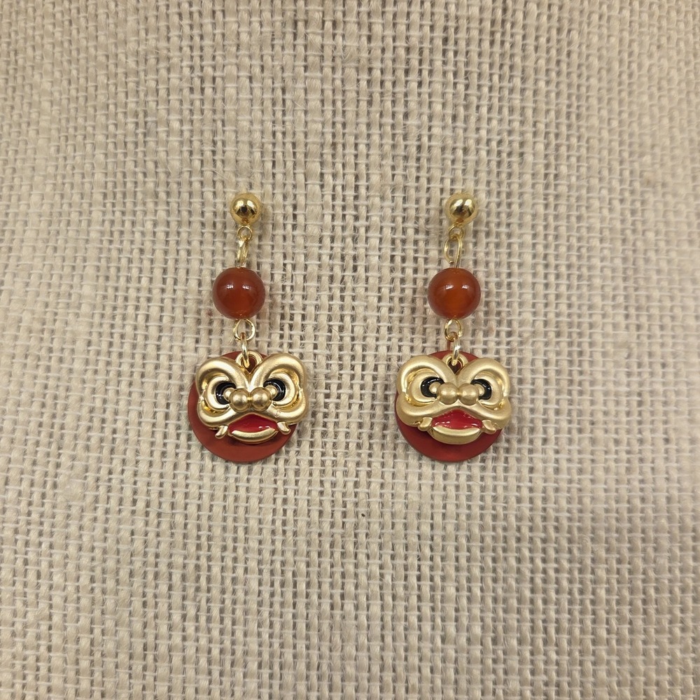 Gold Over Sterling Silver Chinese New Year‎ Lion Dance Earrings S925